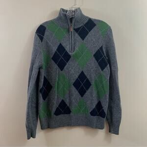 J. Crew Premium Lambswool Gray and Green Argyle Men's Sweater